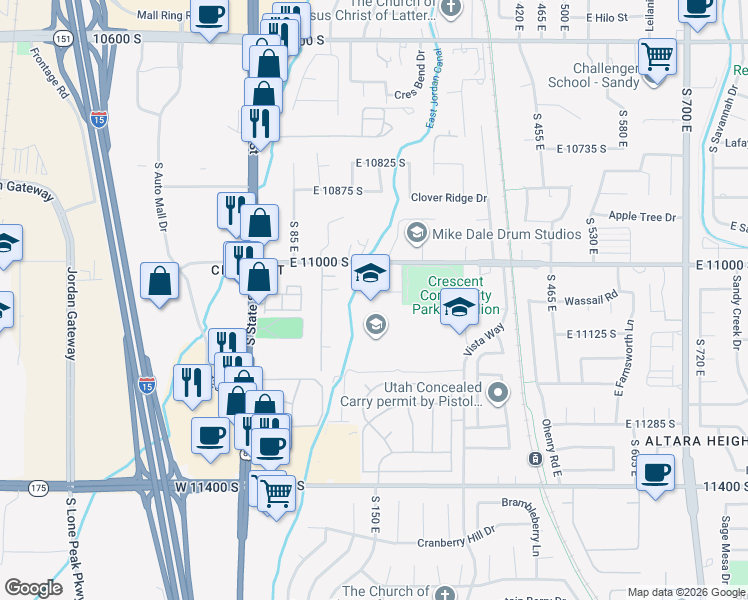 map of restaurants, bars, coffee shops, grocery stores, and more near 178 Belle Glenn Circle in Sandy