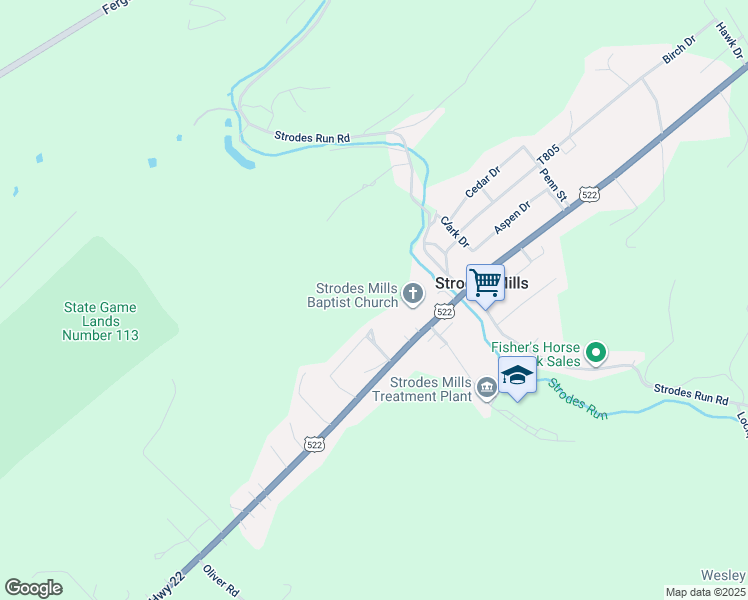 map of restaurants, bars, coffee shops, grocery stores, and more near Highway 522 South in Mifflin County