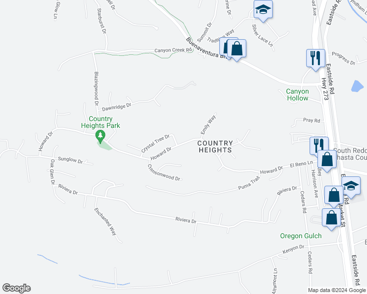 map of restaurants, bars, coffee shops, grocery stores, and more near 2659 Howard Drive in Redding