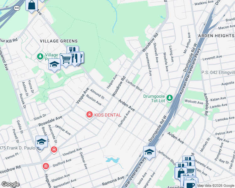 map of restaurants, bars, coffee shops, grocery stores, and more near 576 Woodrow Road in Staten Island