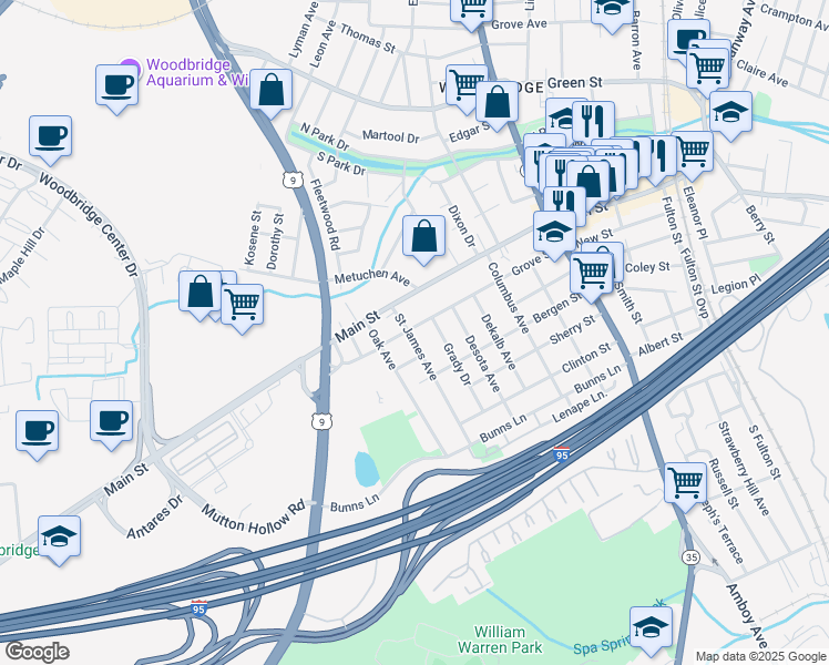map of restaurants, bars, coffee shops, grocery stores, and more near 255 Grove Street in Woodbridge Township