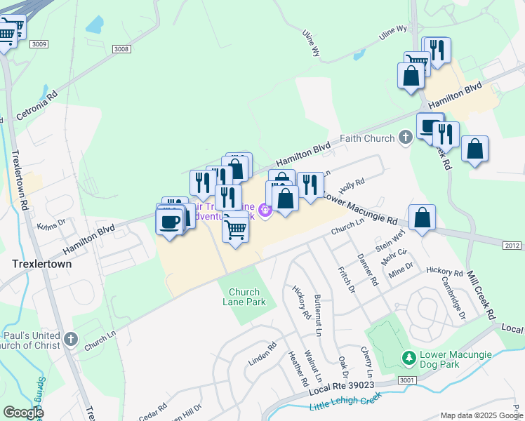 map of restaurants, bars, coffee shops, grocery stores, and more near 6900 Hamilton Boulevard in Trexlertown