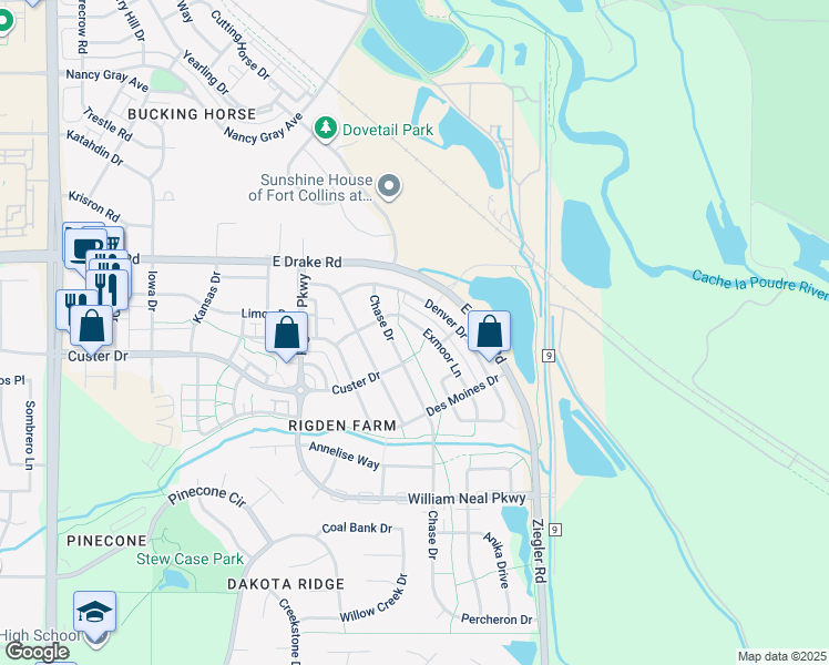map of restaurants, bars, coffee shops, grocery stores, and more near 2737 Exmoor Lane in Fort Collins