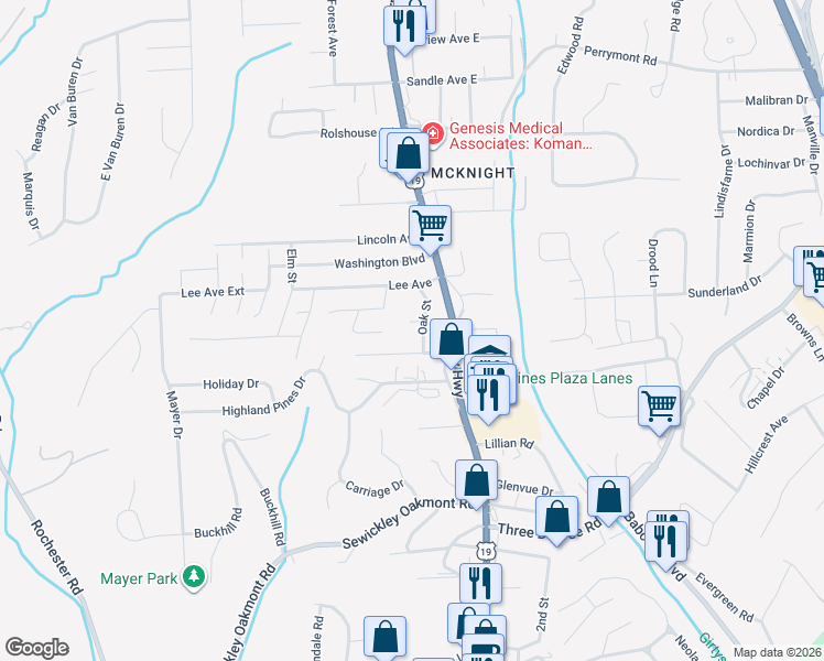 map of restaurants, bars, coffee shops, grocery stores, and more near 7733 Oak Street in Pittsburgh