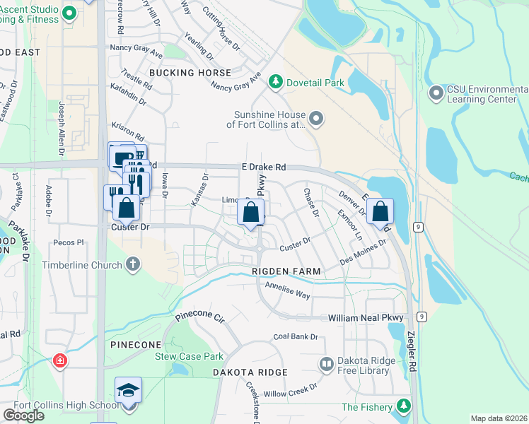 map of restaurants, bars, coffee shops, grocery stores, and more near 2557 Limon Drive in Fort Collins