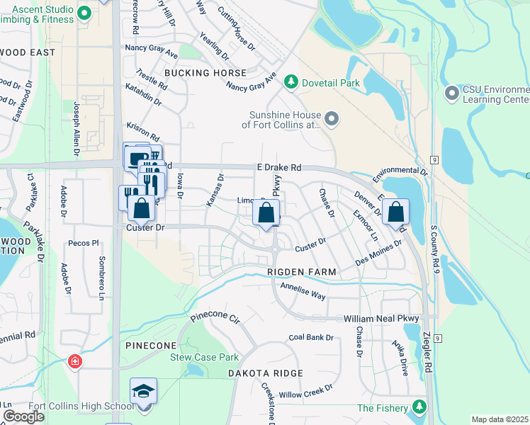 map of restaurants, bars, coffee shops, grocery stores, and more near 2557 Limon Drive in Fort Collins