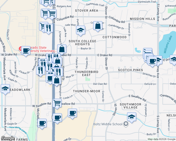 map of restaurants, bars, coffee shops, grocery stores, and more near 2700 Leisure Drive in Fort Collins