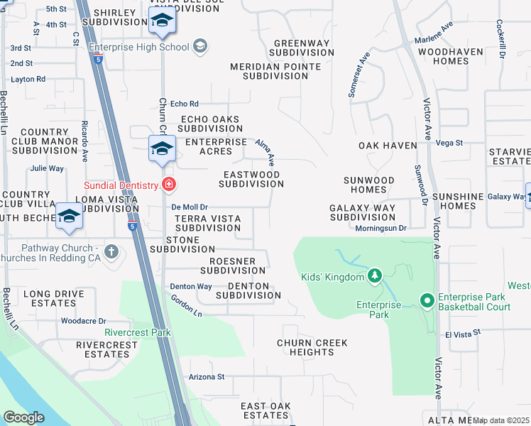 map of restaurants, bars, coffee shops, grocery stores, and more near 1248 De Moll Drive in Redding