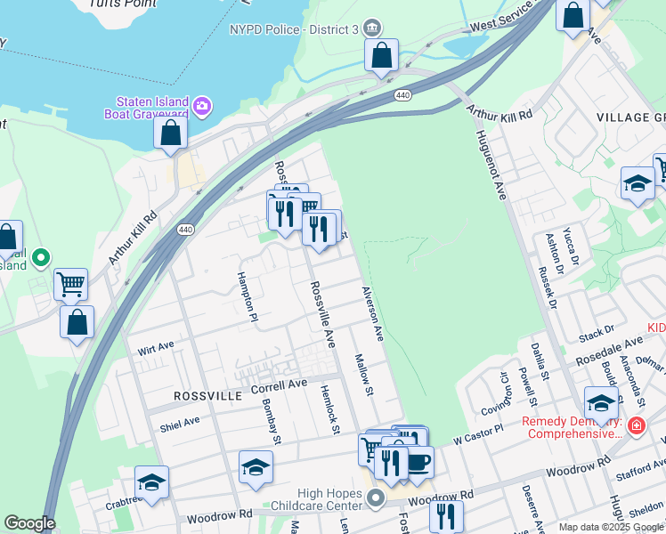 map of restaurants, bars, coffee shops, grocery stores, and more near 68 Grafe Street in Staten Island