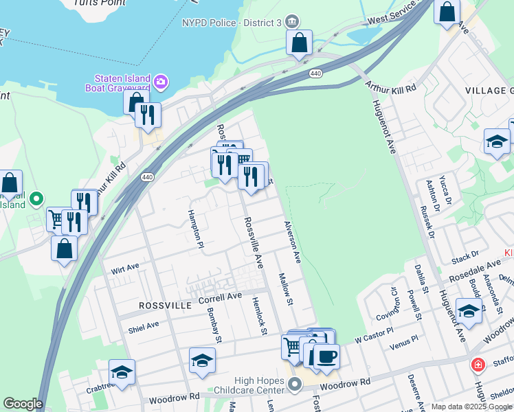 map of restaurants, bars, coffee shops, grocery stores, and more near 68 Grafe Street in Staten Island