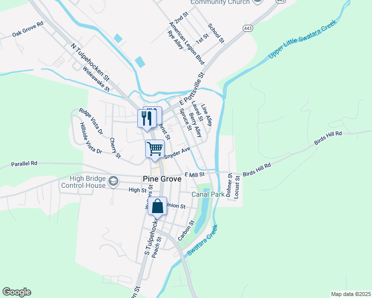 map of restaurants, bars, coffee shops, grocery stores, and more near 34 Spruce Street in Pine Grove