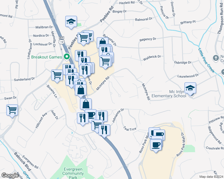 map of restaurants, bars, coffee shops, grocery stores, and more near 100 Van Fleet Circle in Pittsburgh