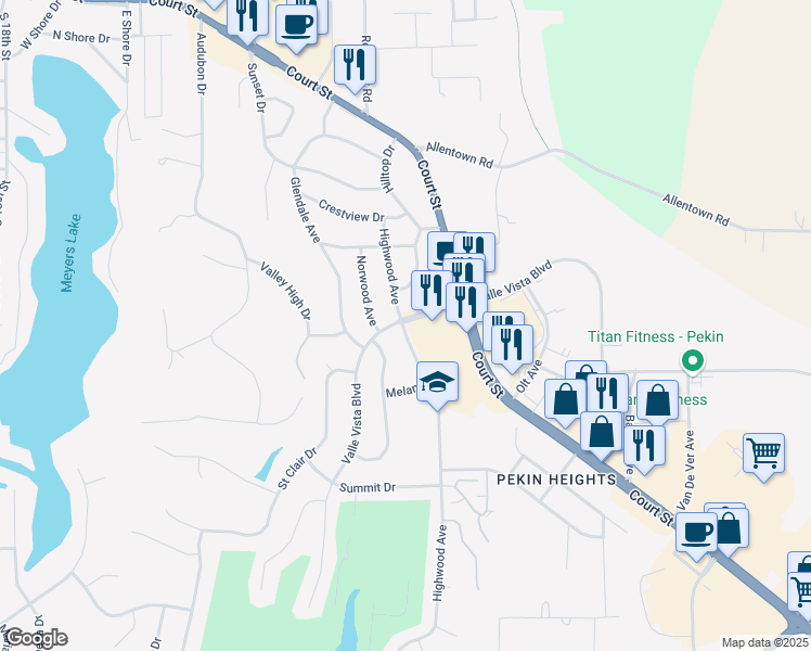 map of restaurants, bars, coffee shops, grocery stores, and more near 1517 Highwood Avenue in Pekin