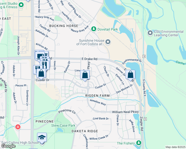 map of restaurants, bars, coffee shops, grocery stores, and more near 2702 Rigden Parkway in Fort Collins