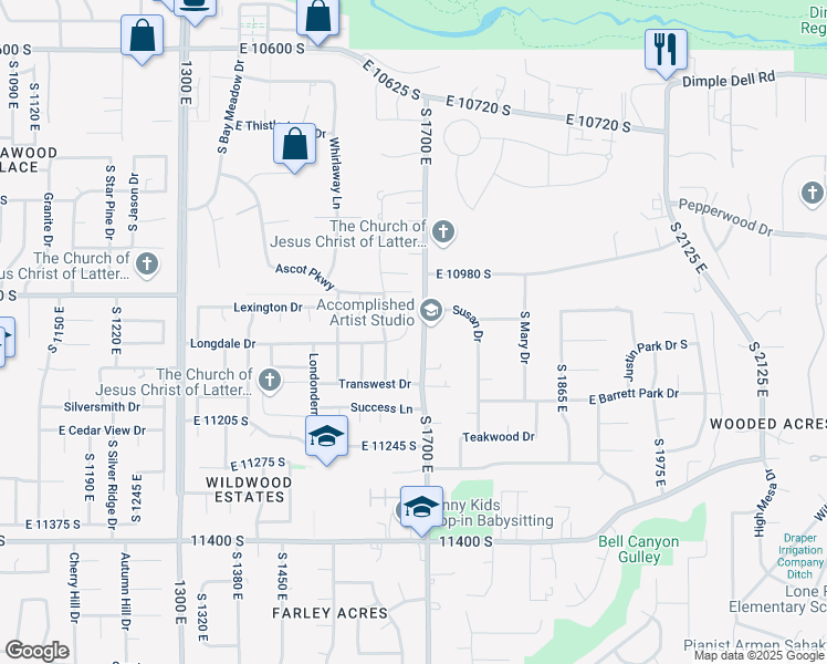map of restaurants, bars, coffee shops, grocery stores, and more near 11065 Longdale Circle in Sandy