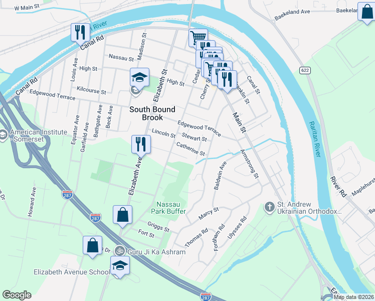 map of restaurants, bars, coffee shops, grocery stores, and more near 212 Lawrence Street in South Bound Brook