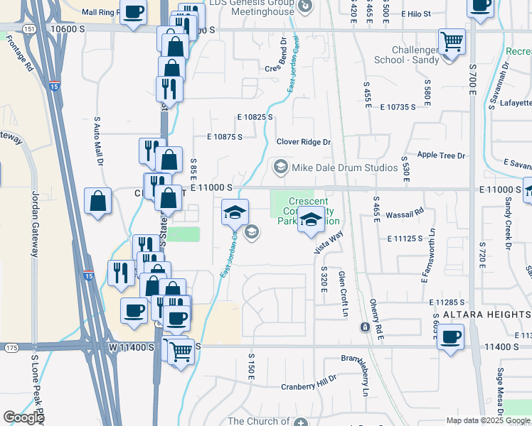 map of restaurants, bars, coffee shops, grocery stores, and more near 222 Belle Glenn Circle in Sandy
