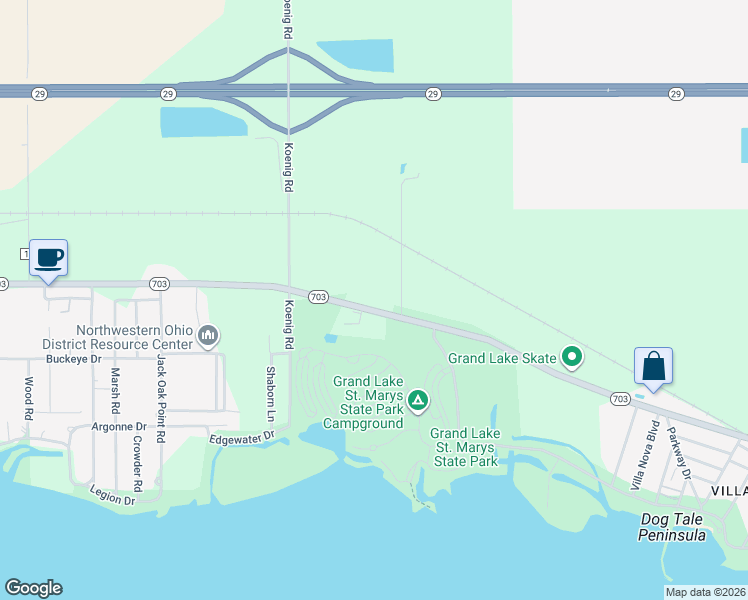 map of restaurants, bars, coffee shops, grocery stores, and more near 3326 Celina Road in Saint Marys