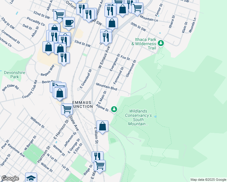 map of restaurants, bars, coffee shops, grocery stores, and more near 618 Fernwood Street in Emmaus