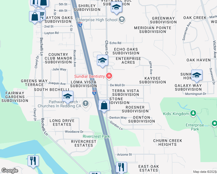 map of restaurants, bars, coffee shops, grocery stores, and more near 3911 Churn Creek Road in Redding