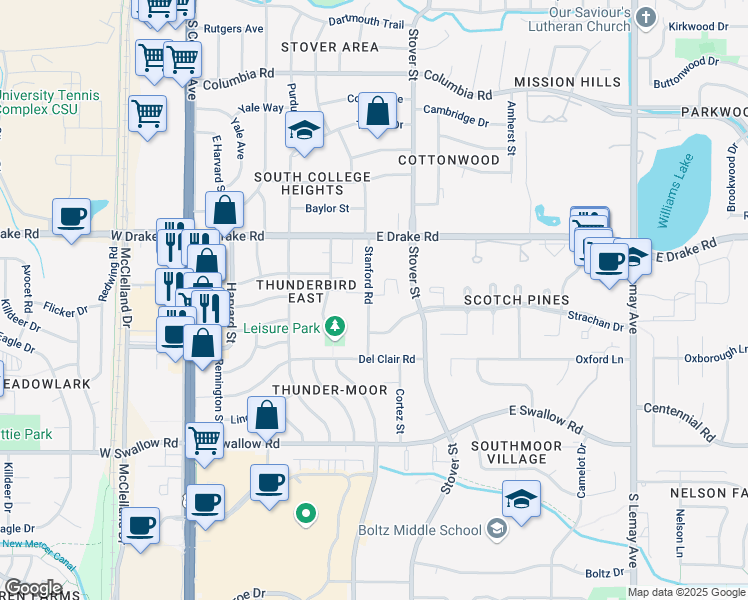 map of restaurants, bars, coffee shops, grocery stores, and more near 2700 Stanford Road in Fort Collins
