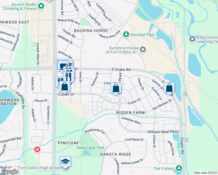 map of restaurants, bars, coffee shops, grocery stores, and more near 2715 Rockford Drive in Fort Collins