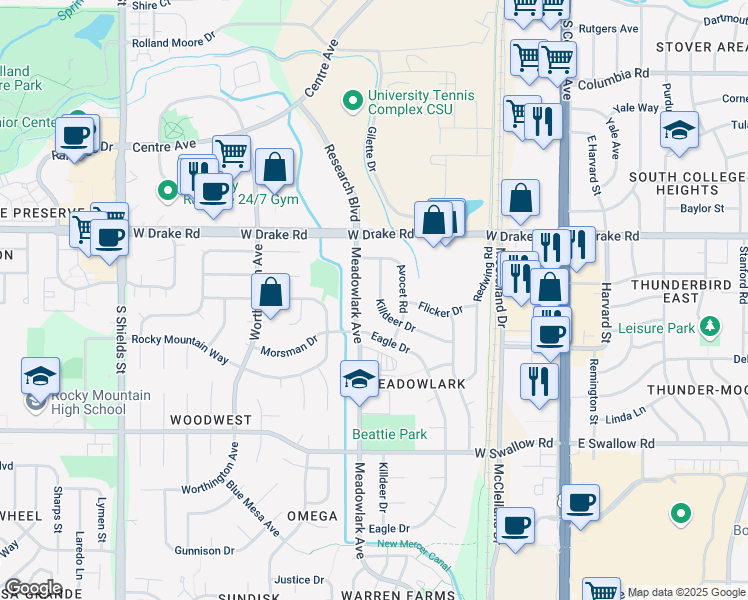 map of restaurants, bars, coffee shops, grocery stores, and more near 2625 Killdeer Drive in Fort Collins