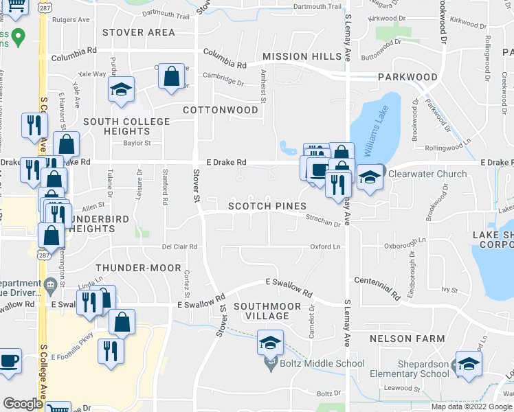 map of restaurants, bars, coffee shops, grocery stores, and more near 2724 Dundee Court in Fort Collins