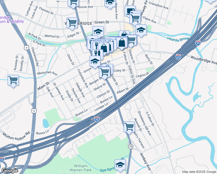 map of restaurants, bars, coffee shops, grocery stores, and more near 297 Amboy Avenue in Woodbridge Township