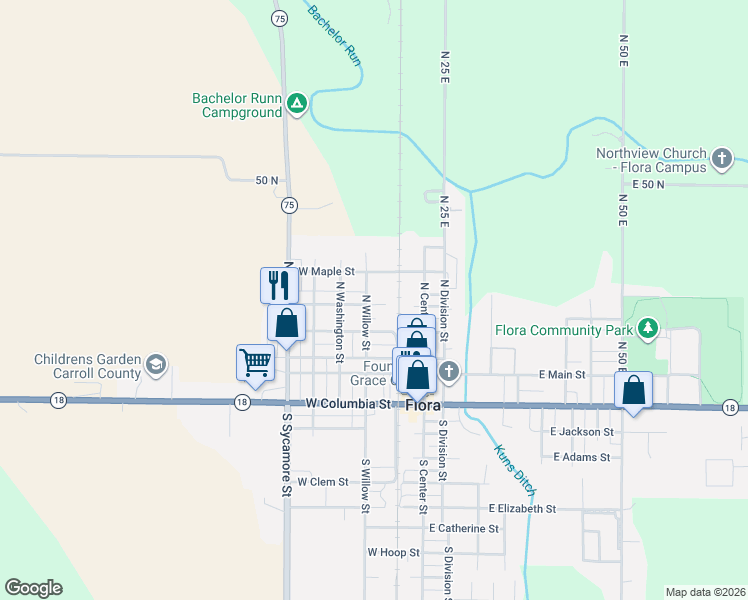 map of restaurants, bars, coffee shops, grocery stores, and more near 339-399 North Willow Street in Flora