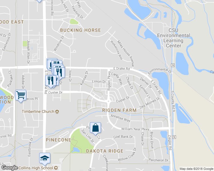 map of restaurants, bars, coffee shops, grocery stores, and more near 2557 Limon Drive in Fort Collins