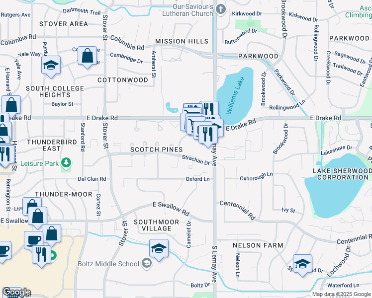 map of restaurants, bars, coffee shops, grocery stores, and more near 2708 Edinburgh Street in Fort Collins