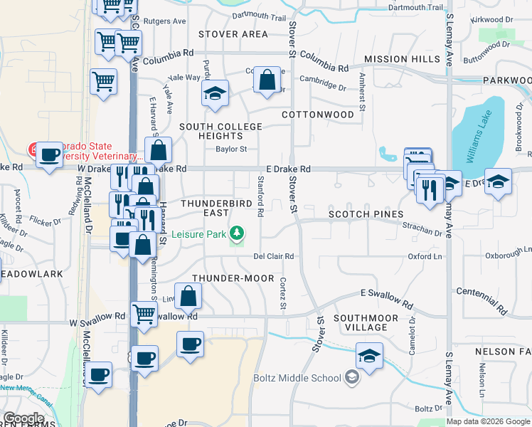 map of restaurants, bars, coffee shops, grocery stores, and more near 2700 Stanford Road in Fort Collins