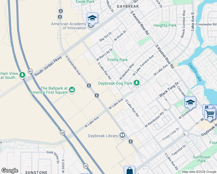 map of restaurants, bars, coffee shops, grocery stores, and more near 11023 Lake Run Road in South Jordan