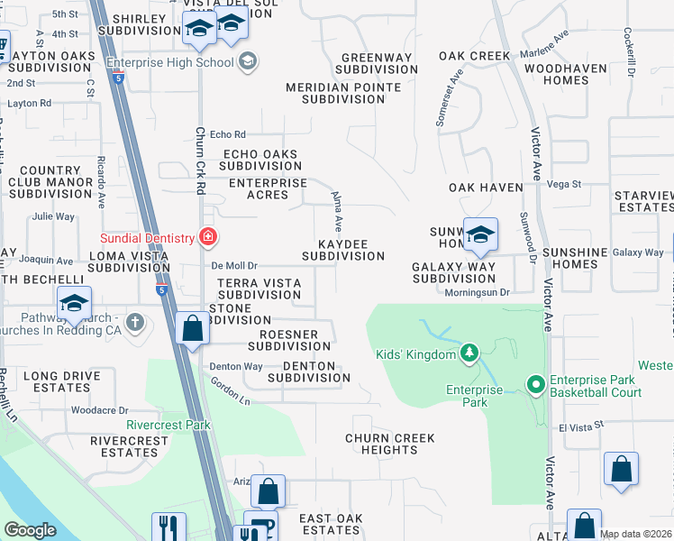 map of restaurants, bars, coffee shops, grocery stores, and more near 3871 Alma Avenue in Redding