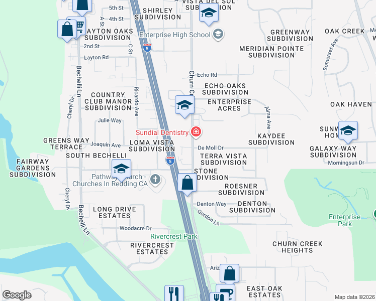 map of restaurants, bars, coffee shops, grocery stores, and more near 950 De Moll Drive in Redding