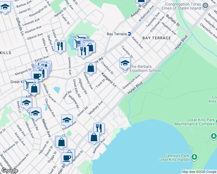 map of restaurants, bars, coffee shops, grocery stores, and more near 16 Trent Street in Staten Island