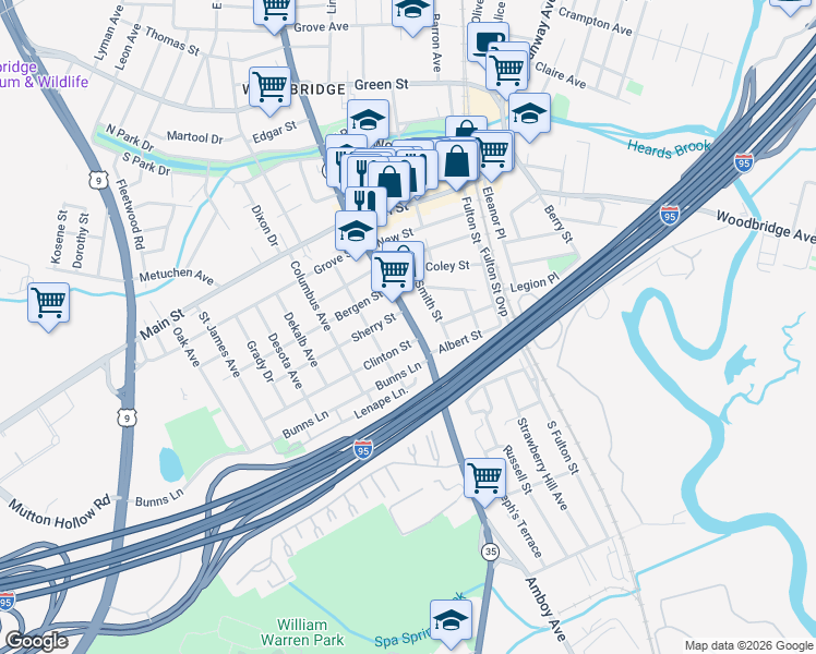 map of restaurants, bars, coffee shops, grocery stores, and more near 297 Amboy Avenue in Woodbridge Township