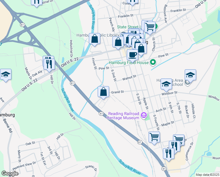 map of restaurants, bars, coffee shops, grocery stores, and more near 280 Grand Street in Hamburg