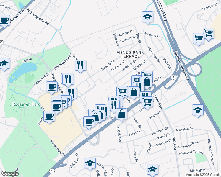 map of restaurants, bars, coffee shops, grocery stores, and more near 24 Atlantic Street in Metuchen