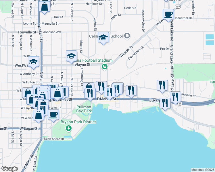 map of restaurants, bars, coffee shops, grocery stores, and more near 585 East Livingston Street in Celina