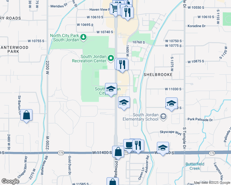 map of restaurants, bars, coffee shops, grocery stores, and more near 11010 South Redwood Road in South Jordan
