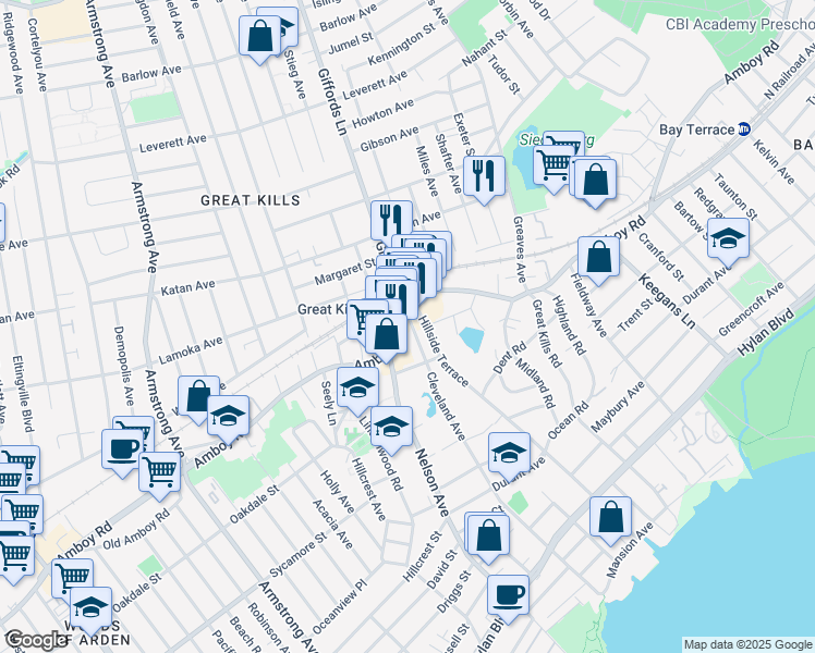 map of restaurants, bars, coffee shops, grocery stores, and more near 3936 Amboy Road in Staten Island