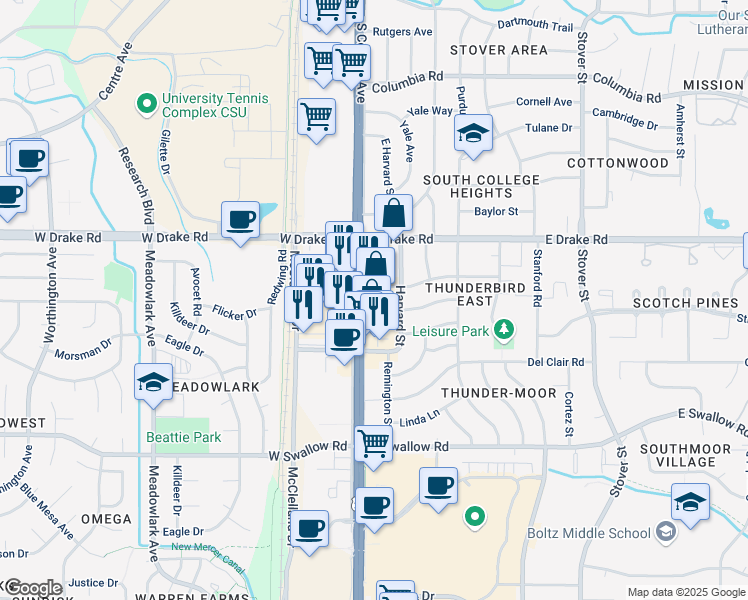 map of restaurants, bars, coffee shops, grocery stores, and more near 198 East Thunderbird Drive in Fort Collins