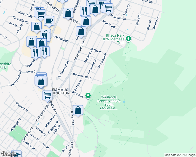 map of restaurants, bars, coffee shops, grocery stores, and more near 401 Mountain Boulevard in Emmaus