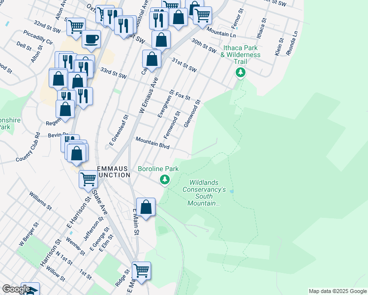 map of restaurants, bars, coffee shops, grocery stores, and more near 401 Mountain Boulevard in Emmaus