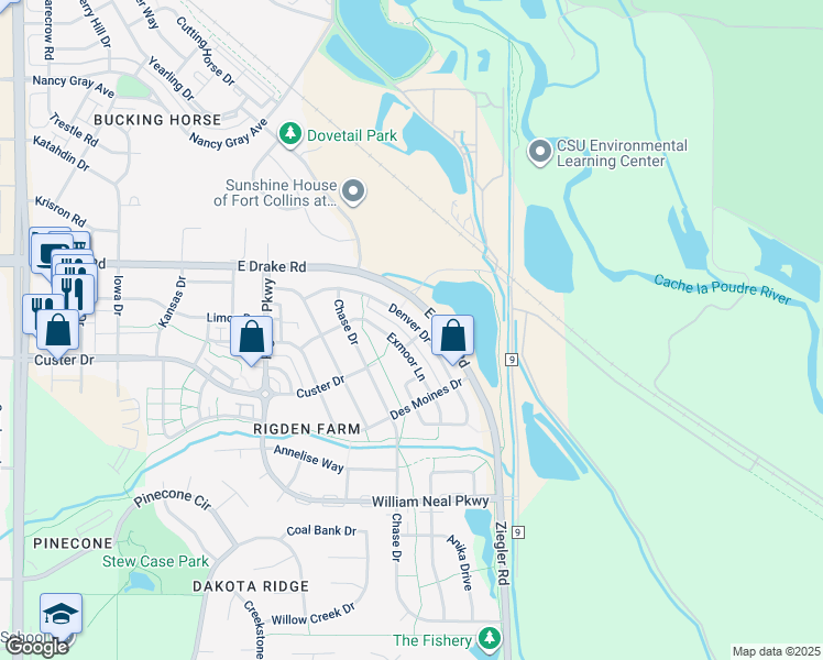 map of restaurants, bars, coffee shops, grocery stores, and more near 2914 Denver Drive in Fort Collins