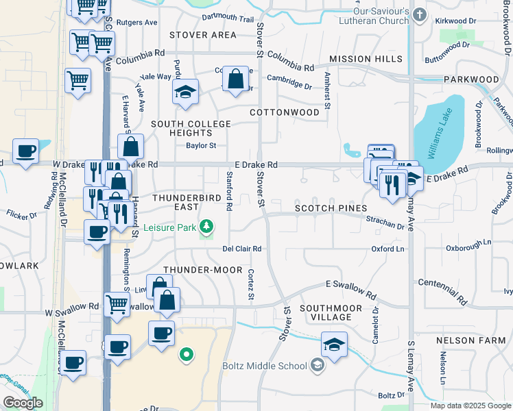 map of restaurants, bars, coffee shops, grocery stores, and more near 616 Heather Court in Fort Collins