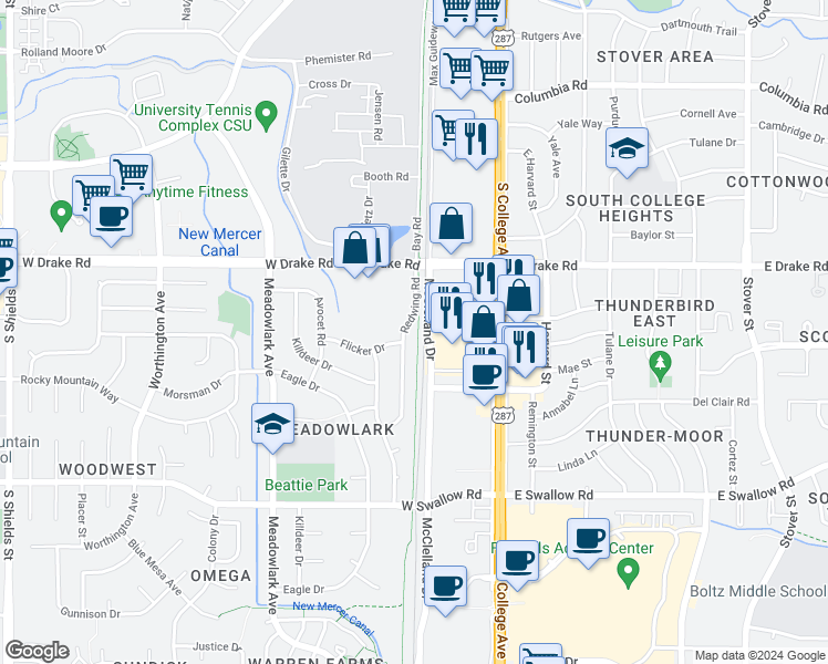 map of restaurants, bars, coffee shops, grocery stores, and more near 2625 Redwing Road in Fort Collins
