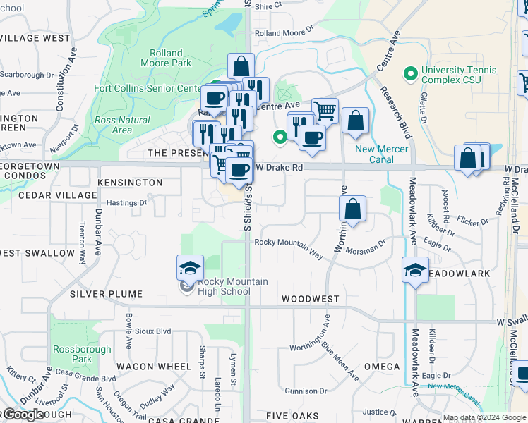 map of restaurants, bars, coffee shops, grocery stores, and more near 1006 Davidson Drive in Fort Collins